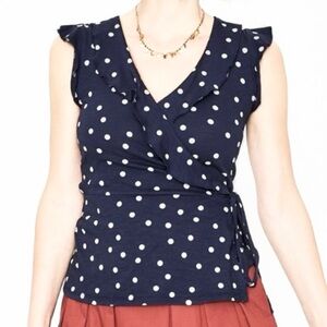 🌈 6/$60 New Boden Size 12 Flutter Sleeve Wraparound Navy Blue Cream Polka Dot